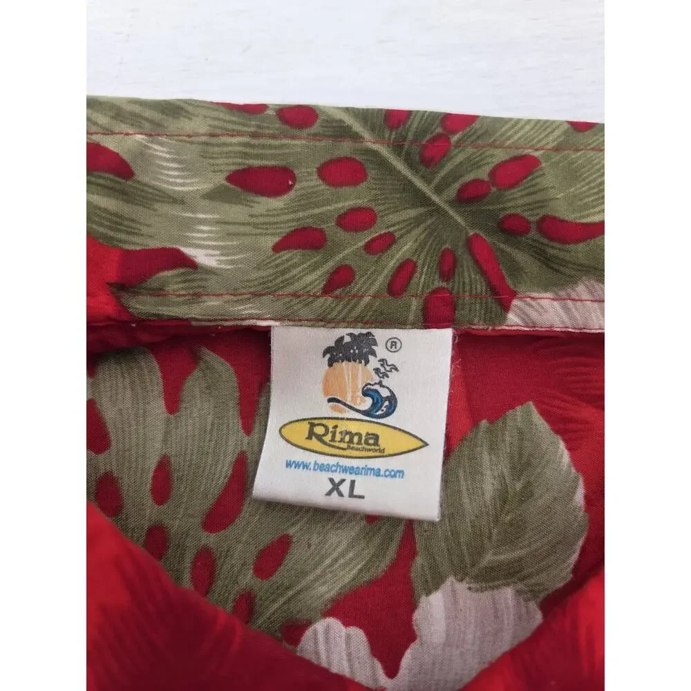 Rima Mens XL Button Up Hawaiian Shirt Red Floral Palms Short Sleeve Aloha